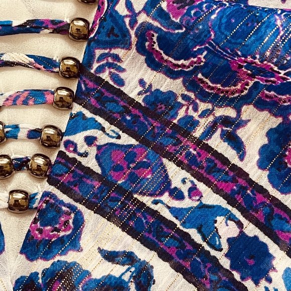 Anthropologie Elevenses Joanie Romper SP Women's Metallic Ladder Ruffle Purple - Picture 7 of 11